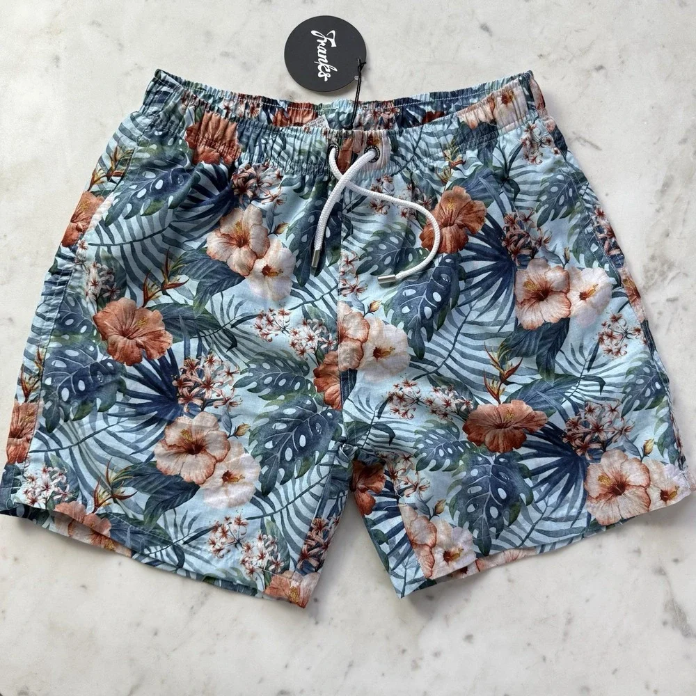 NEW Franks Australia Swim Trunks Maui Sky Floral Small Lined $89‎ White Lotus